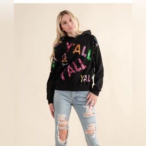 French Terry Sequin Embroidery Graphic Y'ALL Pullover Hoodie Sweatshirt | Black